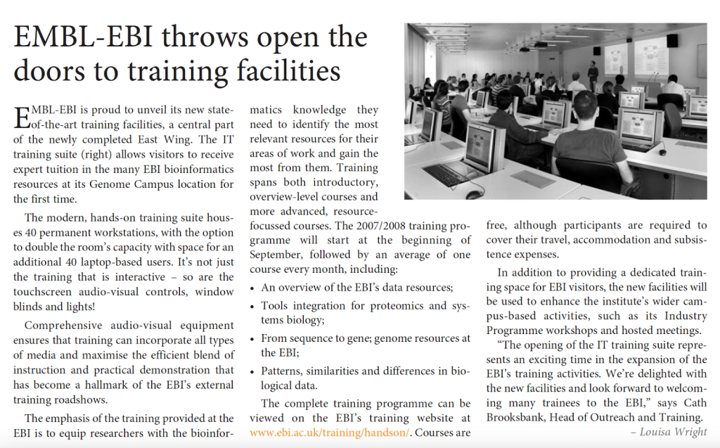 EMBLetc. clipping titled "EMBL-EBI throws open the doors to training facilities"