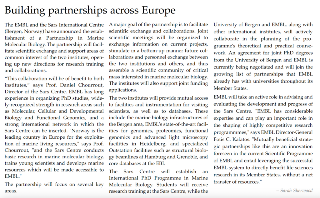 EMBLetc. clipping titled "Building partnerships across Europe"