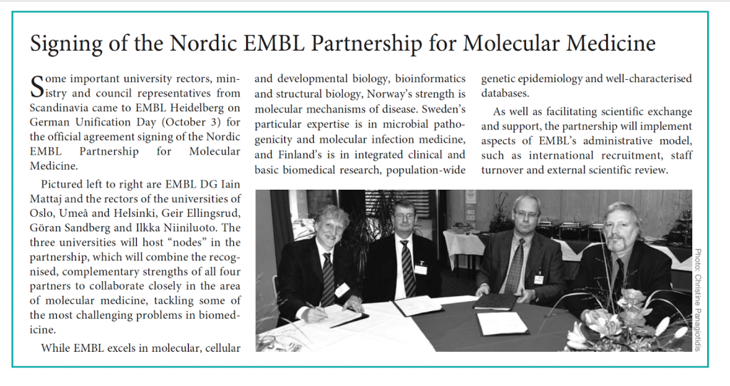 EMBLetc. clipping titled "Signing of the Nordic EMBL Partnership for Molecular Medicine"