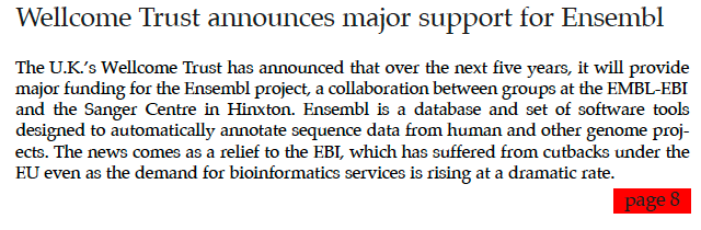 EMBLetc. clipping titled "Wellcome Trust announces major support for Ensembl"