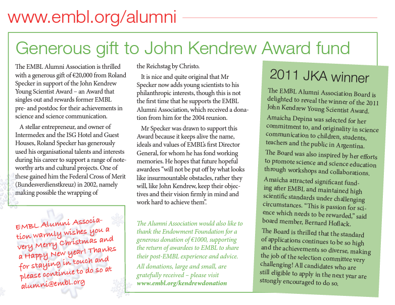 EMBLetc. clipping titled "Generous gift to John Kendrew Award fund"