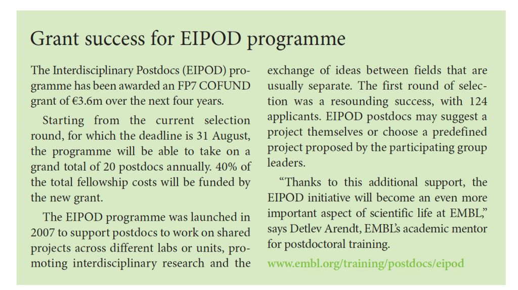 EMBLetc. clipping titled "Grant success for EIPOD programme"