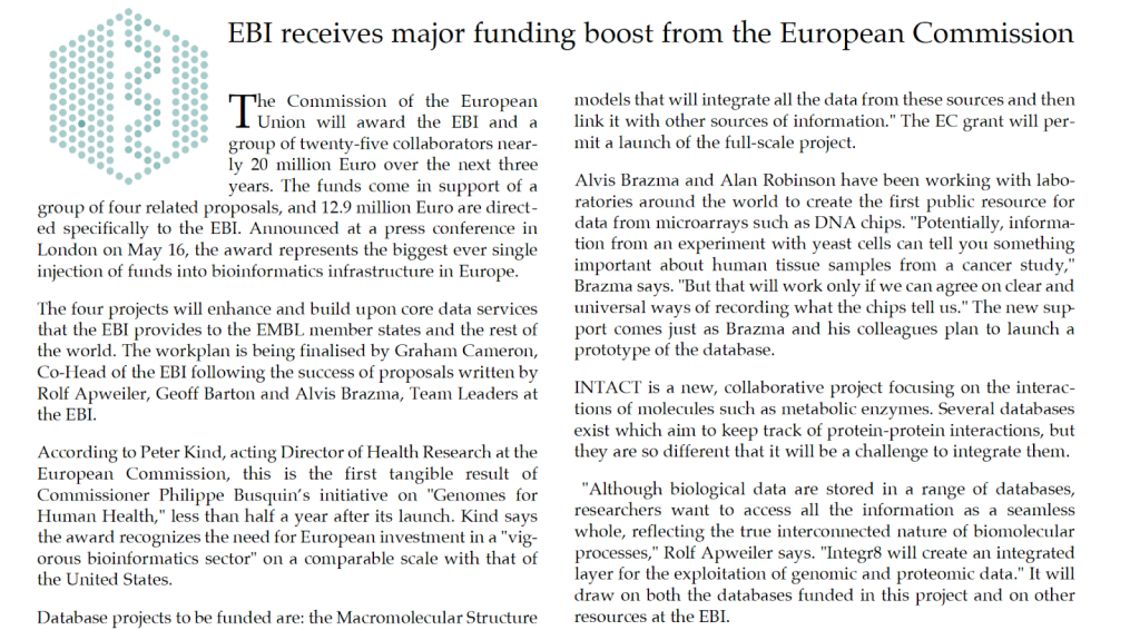 EMBLetc. clipping titled "EMBL receives major funding boost from European Commission"