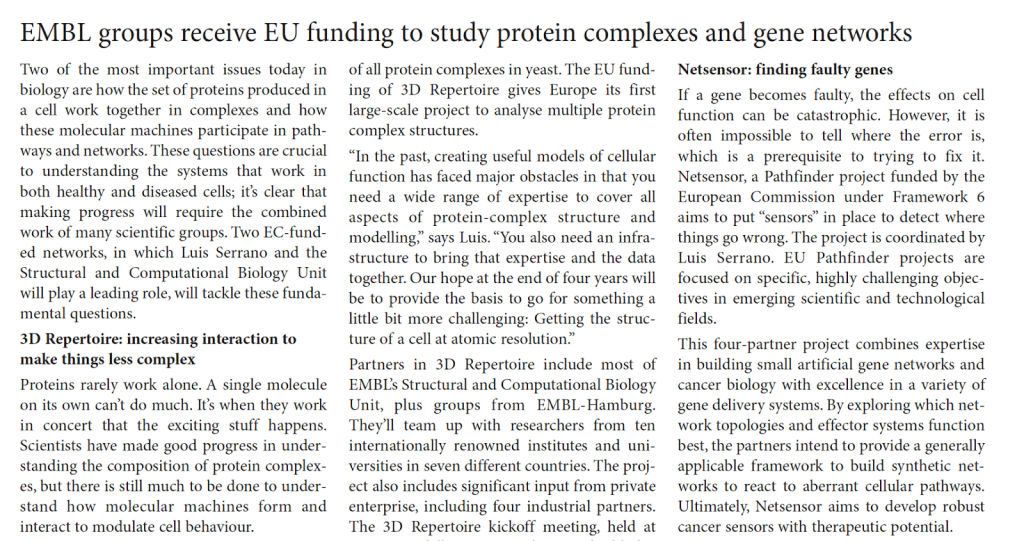 EMBLetc. clipping titled "EMBL groups receive EU funding to study protein complexes and gene networks"