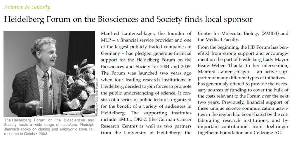 EMBLetc. clipping titled "Heidelberg Forum on the Biosciences and Society finds local sponsor"