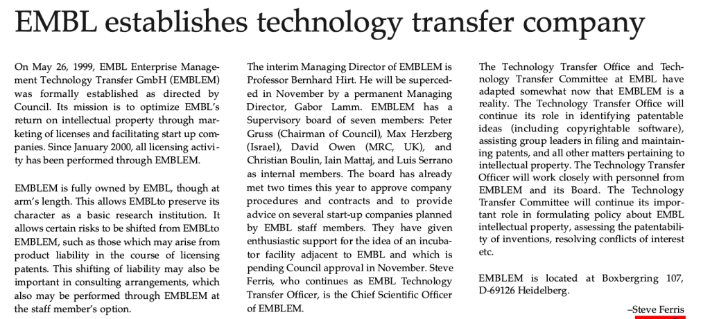 EMBLetc. clipping titled "EMBL establishes technology transfer company"