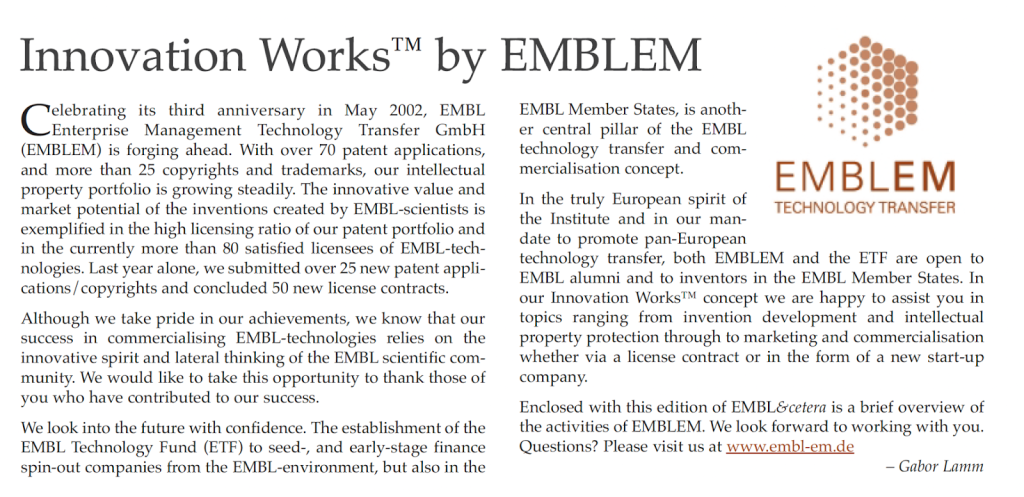 EMBLetc. clipping titled "Innovation WorksTM by EMBLEM"