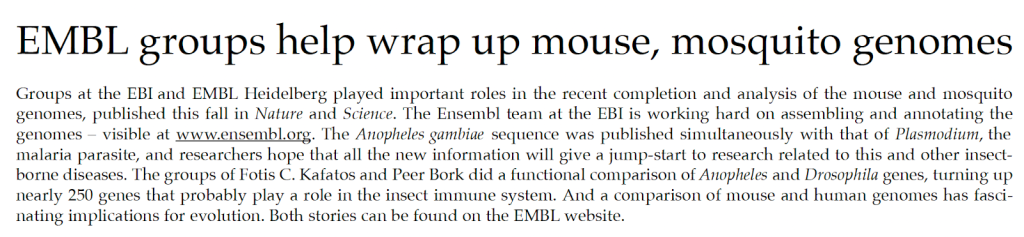 EMBLetc. clipping titled "EMBL groups help wrap up mouse, mosquito genomes"