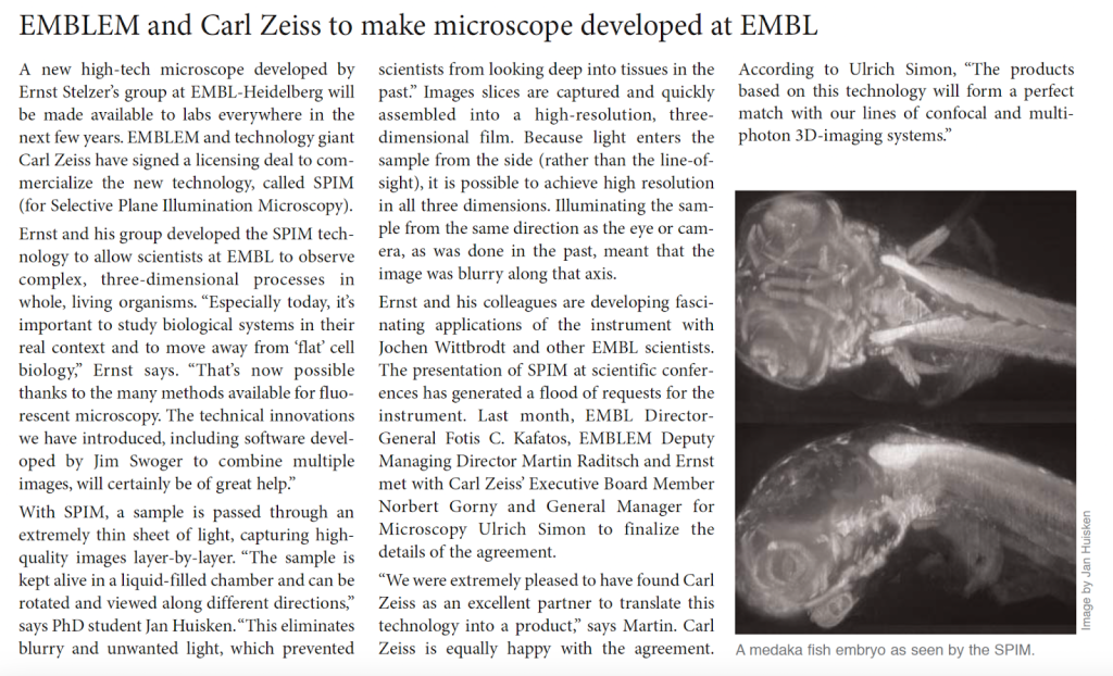 EMBLetc. clipping titled "EMBLEM and Carl Zeiss to make microscope developed at EMBL