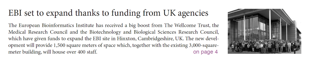 EMBLetc. clipping titled "EBI set to expand thanks to funding from UK agencies"