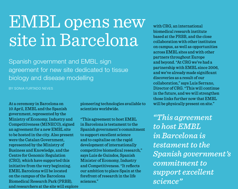 EMBLetc. clipping titled "EMBL opens new site in Barcelona"