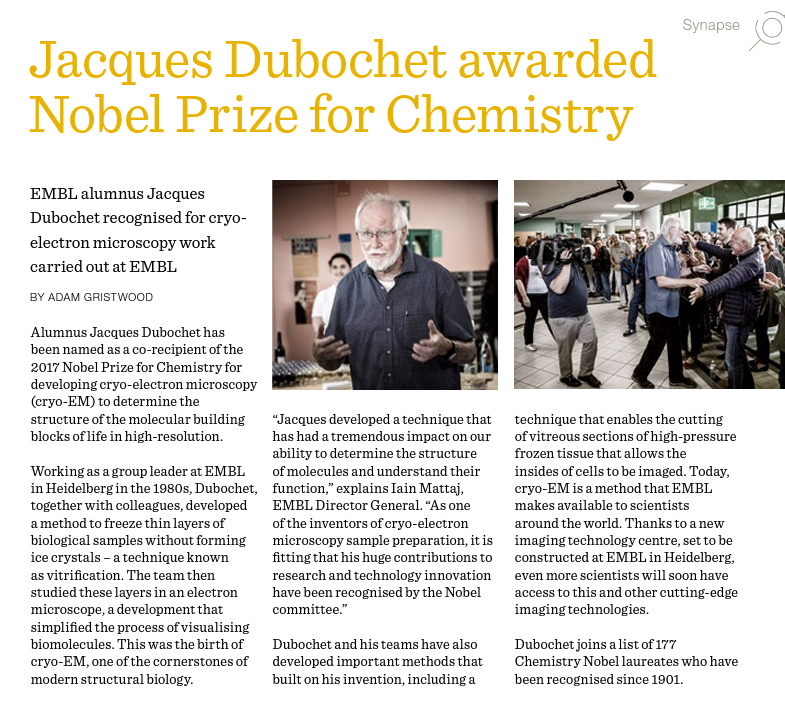 EMBLetc. clipping titled "Jacques Dubochet awarded Nobel Prize for Chemistry".