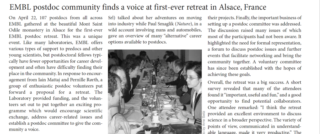 EMBLetc. clipping titled "EMBL postdoc community finds a voice at first-ever retreat in Alsace, France"