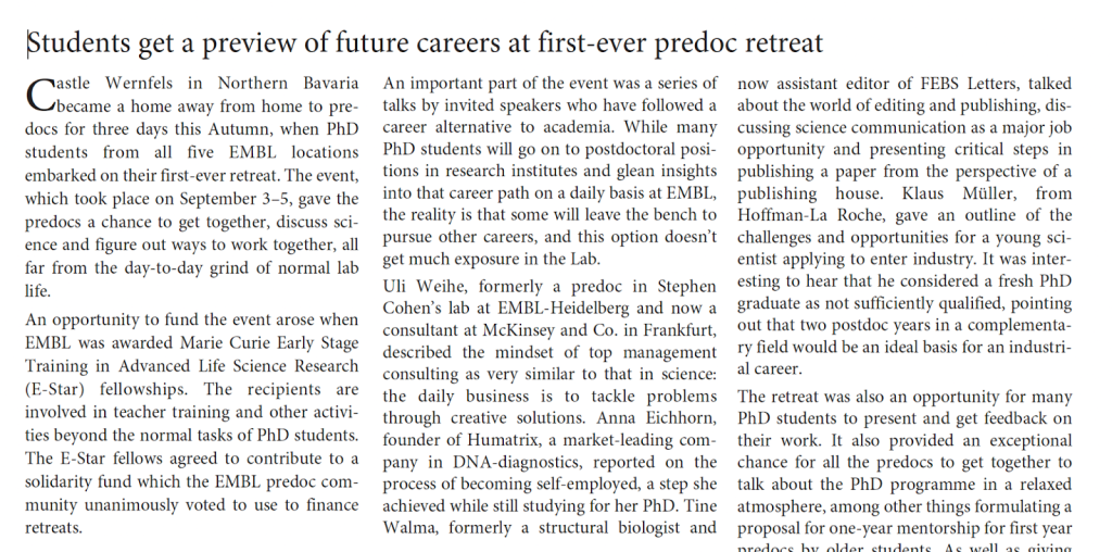 EMBLetc. clipping titled "Students get a preview of future careers at first-ever predoc retreat"
