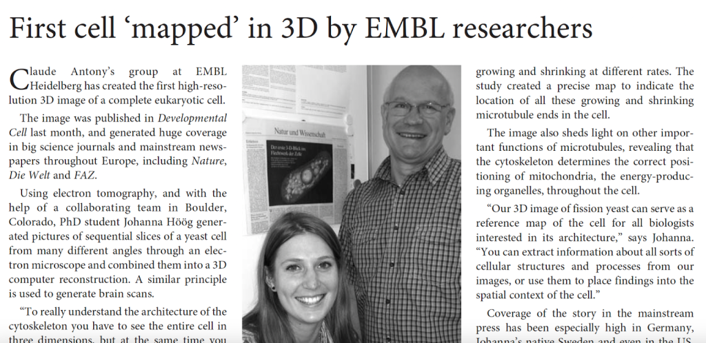 EMBLetc. clipping titled "First cell 'mapped' in 3D by EMBL researchers