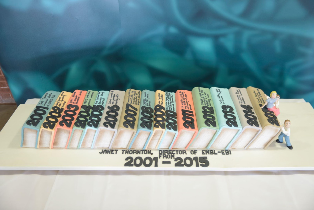 Cake in the shape of a series of books with years written on their spines.