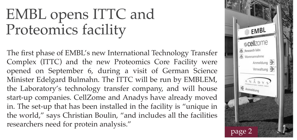 EMBLetc. clipping titled "EMBL opens ITTC and proteomics facility"