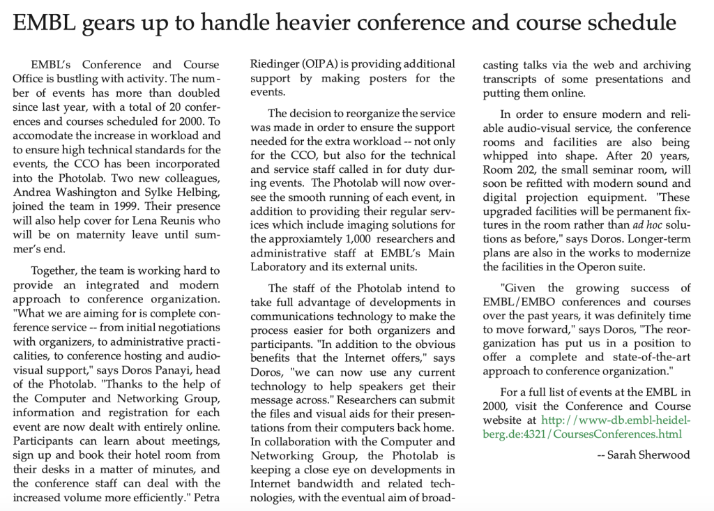 EMBLetc. clipping titled "EMBL gears up to handle heavier conference and course schedule"