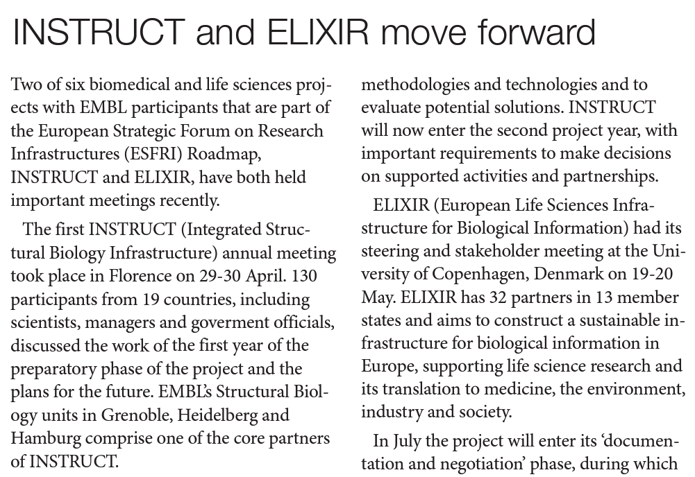 EMBLetc. clipping titled "INSTRUCT and ELIXIR move forward"