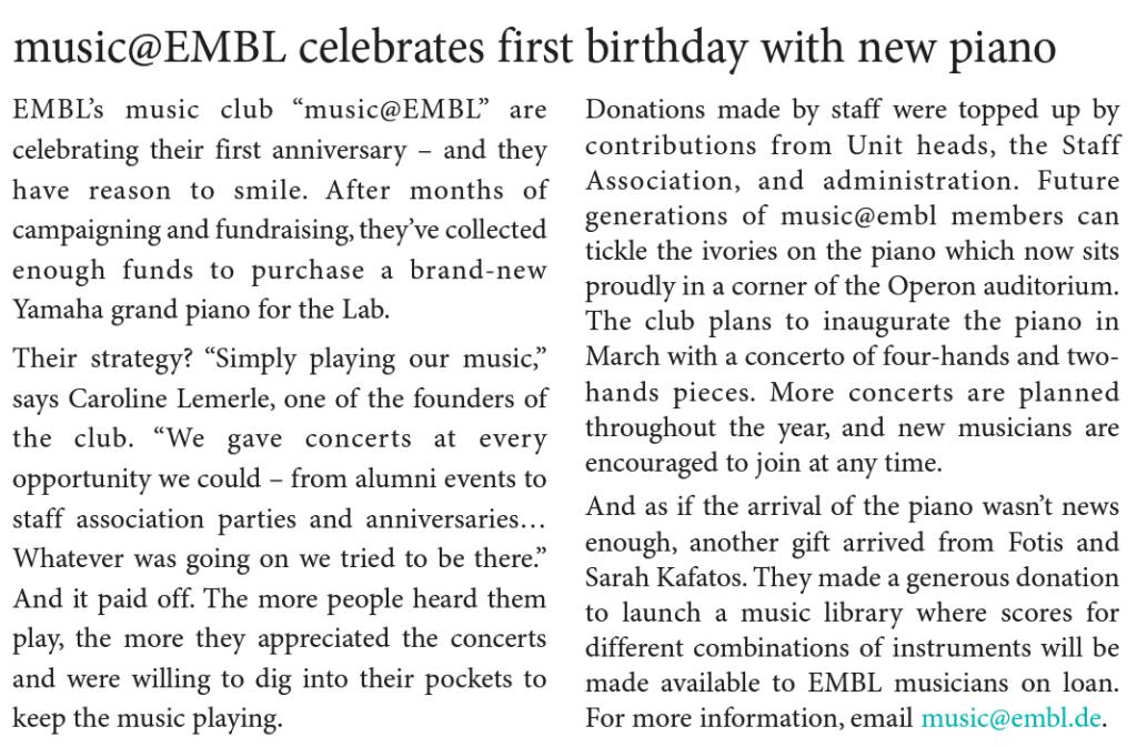 EMBLetc. clipping titled "music@EMBL celebrates first birthday with new piano"