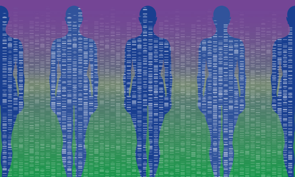 Human silhouettes overlayed with columns of bands representing genome sequencing.