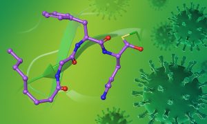 Cartoon of a molecule, formed by sticks and spheres.