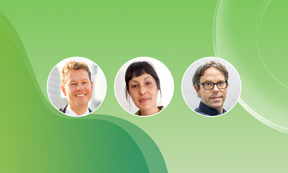 Photos of the three scientists elected as EMBO members on green background.