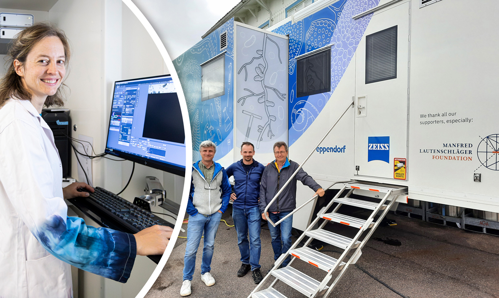 On the left, a female scientist works on a computer inside the advanced mobile lab. On the right, three male scientists are seen standing outside the trailer that forms the advanced mobile lab.