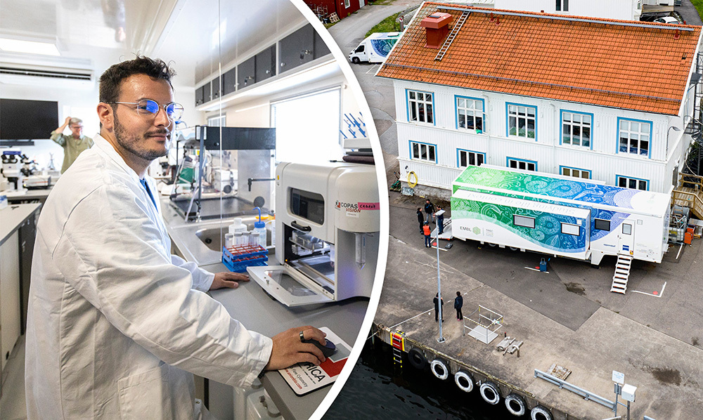 A male scientist working inside a trailer fitted with scientific instruments (left). On the right, the mobile lab trailer can be seen outside a large building in Sweden.
