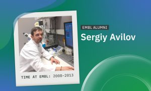 Polaroid style shot of Sergiy Avilov, mentioning the years he was at EMBL