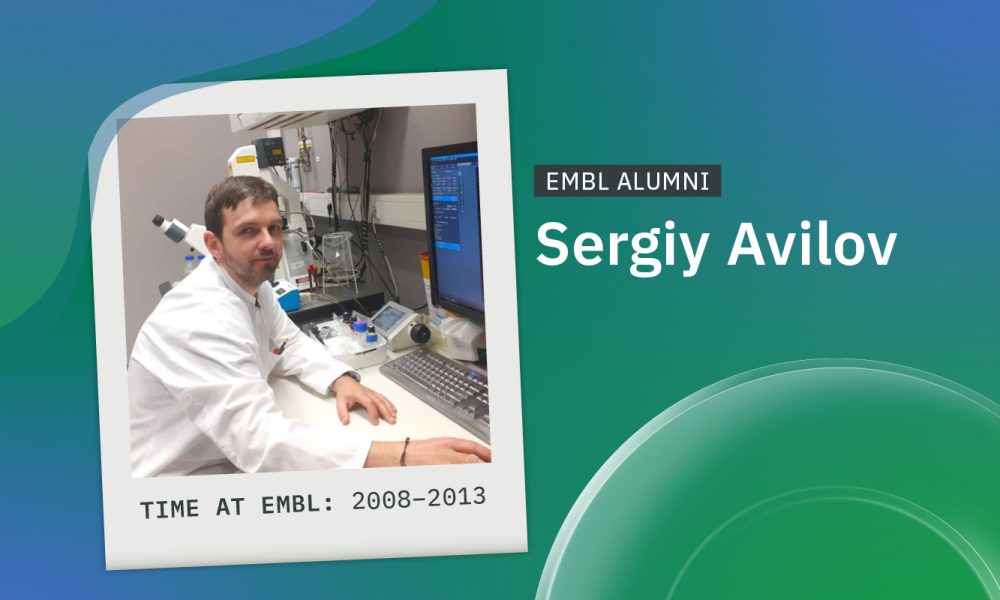 Polaroid style shot of Sergiy Avilov, mentioning the years he was at EMBL