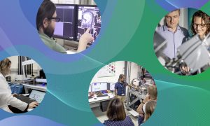 On green-hued multi-coloured background are four circle photographs of scientists working with high-tech equipment