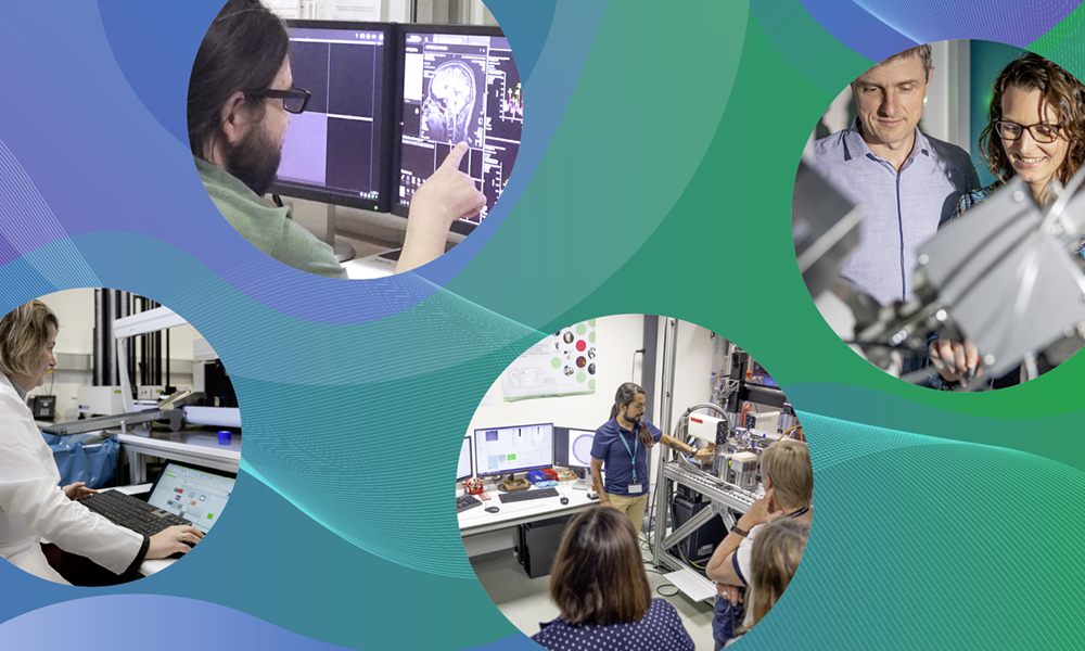 On green-hued multi-coloured background are four circle photographs of scientists working with high-tech equipment