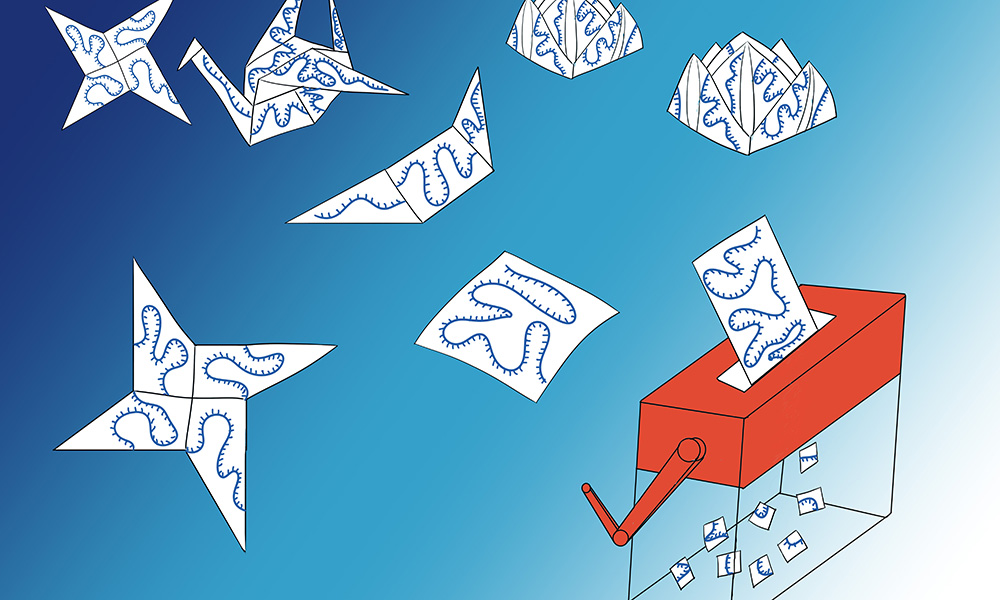 Set against a blue background, an illustration of a small paper shredder seemingly works at shredding mRNA, often in the form of origami shapes that float nearby.