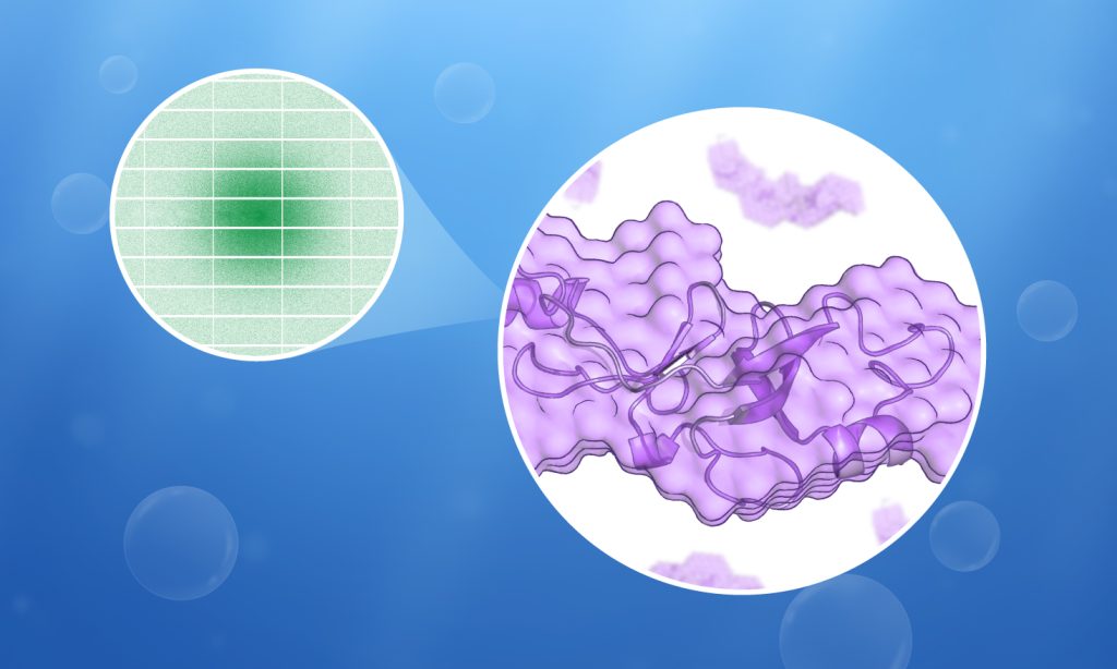 A drawing showing a bubble containing SAXS pattern and another bubble with a molecular model derived from that pattern. The blue background represents water.