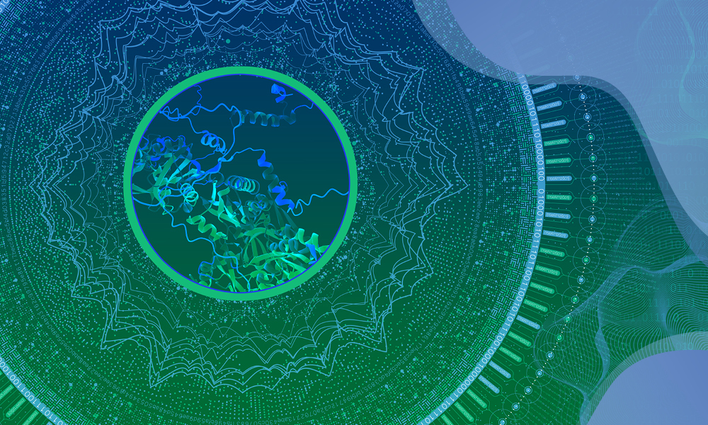 Visual of AlphaFold Protein prediction, embedded into a visual of scientific data