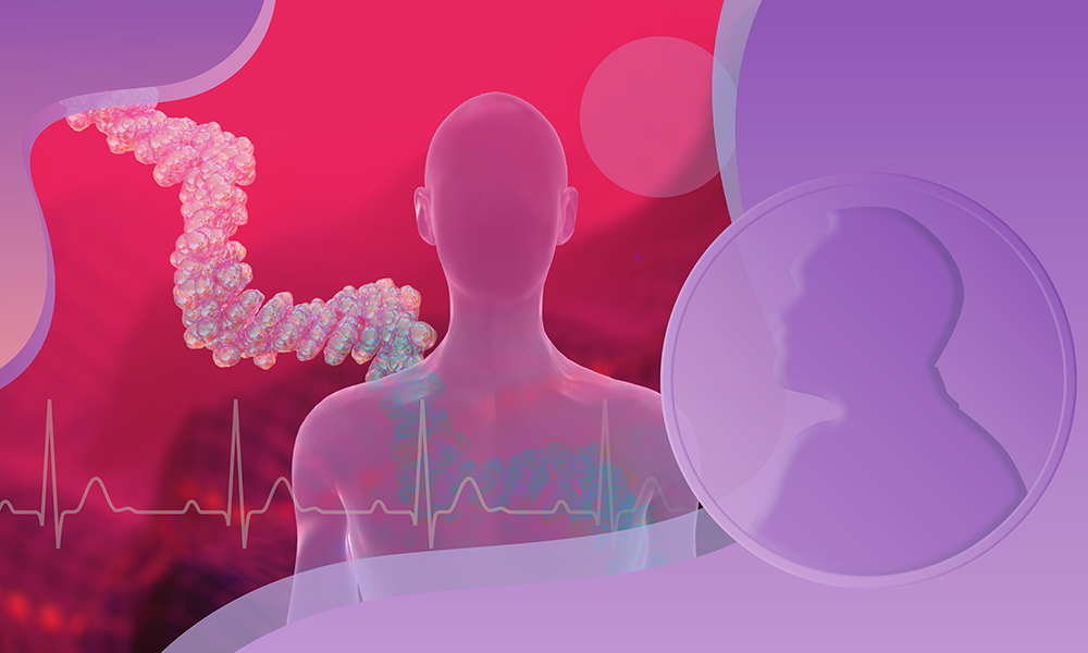 Outline of a human, purple against red background. Red RNA strand in the background, electrocardiogram across the image. On the right, outline of a Nobel prize medal.