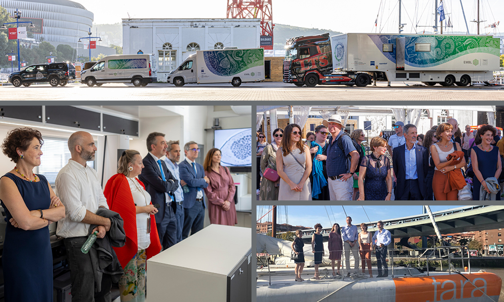 A collage of photos that include the sampling truck, people watching and attending a public outreach event, on a sunny day in Spain