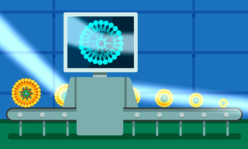 Cartoon showing nanoparticles on a conveyer belt passing through a machine. They are ordered by size and the smallest one pass through the machine before the bigger ones. A ray of light enters the machine, where a nanoparticle is being scanned, and leaves it on the other side. A monitor on top of the scanning machine shows an X-ray of a nanoparticle.