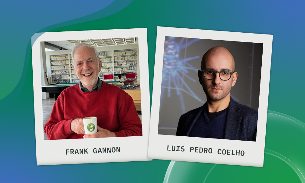 Against blue and green background are two faux polaroids, one of an older man holding a coffee cup and the other a man in glasses