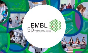 Collage of EMBL historical photos with a 50-year anniversary logo