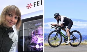(Left) Female scientist in front of an electron microscope (Right) Woman on a bicycle on a mountain path