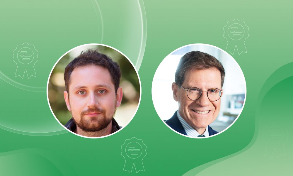 Photographs of two male scientists in round insets against a decorative background