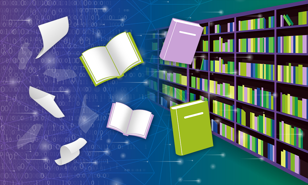 Illustration showing pieces of paper flying around, then coming together in books, and finally, books arranged in bookshelves. This metaphor illustrates how data standards help to transform disorganised datasets into useful databases.
