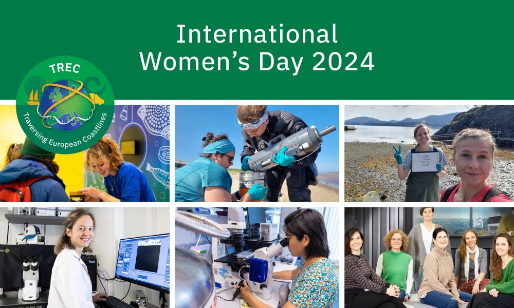 Collage of six images showing scientists and science professionals during the TREC expedition, with a banner saying “International Women’s Day 2024” and the TREC expedition logo.