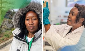 On left is one scientist in a parka outside of EMBL-EBI, and on the right is another scientist, wearing a white lab coat, scrutinising material in a petri dish.