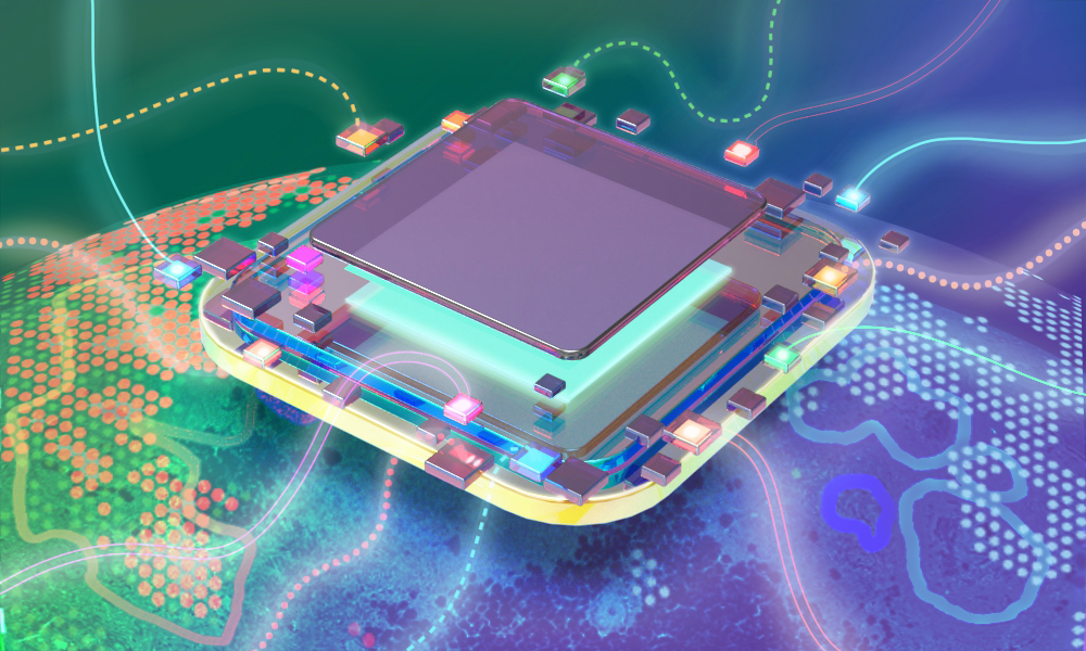 This image showcases a processor with neon lights and abstract shapes that represent the flow and integration of spatial omics information. The background shows the analyzed and annotated breast cancer sample.