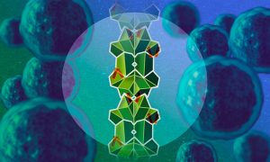 In the centre: green angular origami-like shapes stacked on top of each other. Small orange rectangles akin to adhesive tape are placed where the green shapes connect with each other. In the background: a circle in the middle and cancer cells on the left and right.
