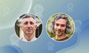 Portrait photos of two male scientists on a decorative background.
