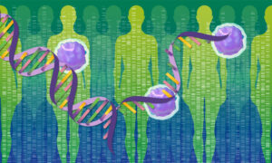 Illustration of a DNA double helix intertwined with immune cells overlaid on silhouettes of human figures and a background of genetic code patterns illustrating the potential of long-read sequencing methods for cancer research.